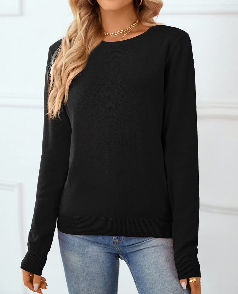 QUALFORT Sweaters for Women Crewneck Sweater 100% Cotton Soft Knit Pullover Tops Black Large - Image 4